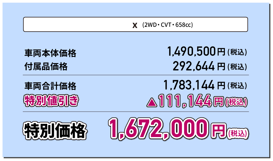 X"セレクション"(2WD・CVT・658cc) 特別価格1,672,000円(税込)